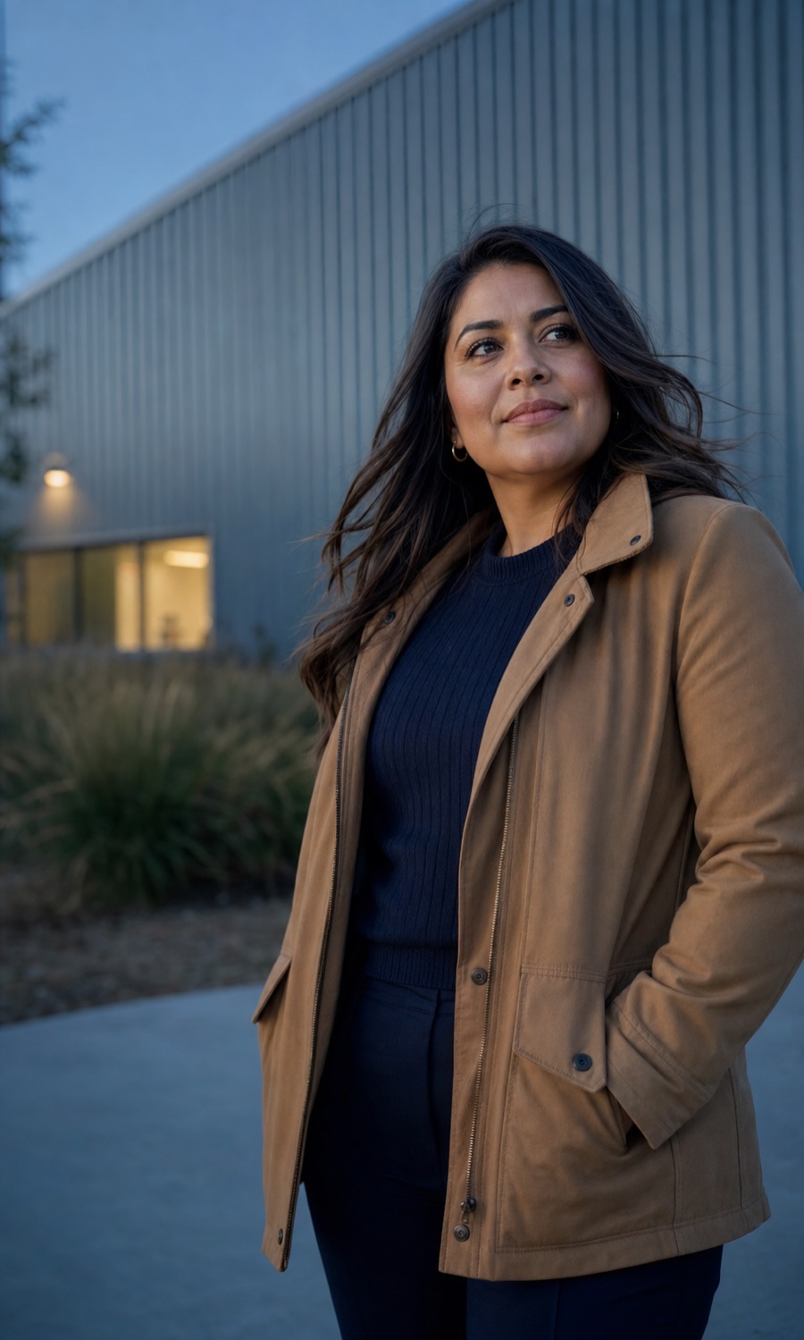 Energy recruiter Elena outside an industrial campus